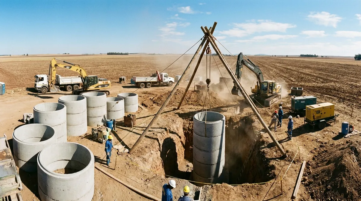 Panoramic view of a large rural terrain or agricultural lot being prepared for a project