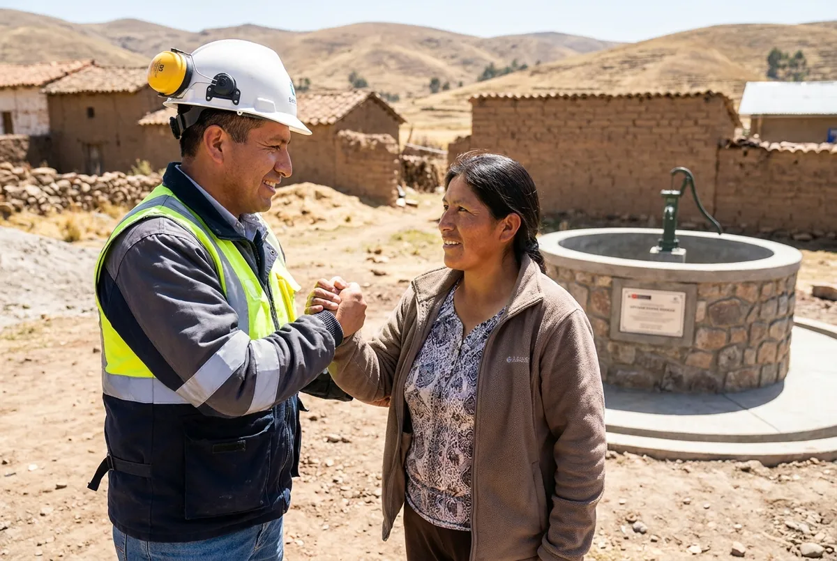 A professional technician in safety gear shaking hands with a satisfied female property owner on a rural Peruvian construction site.