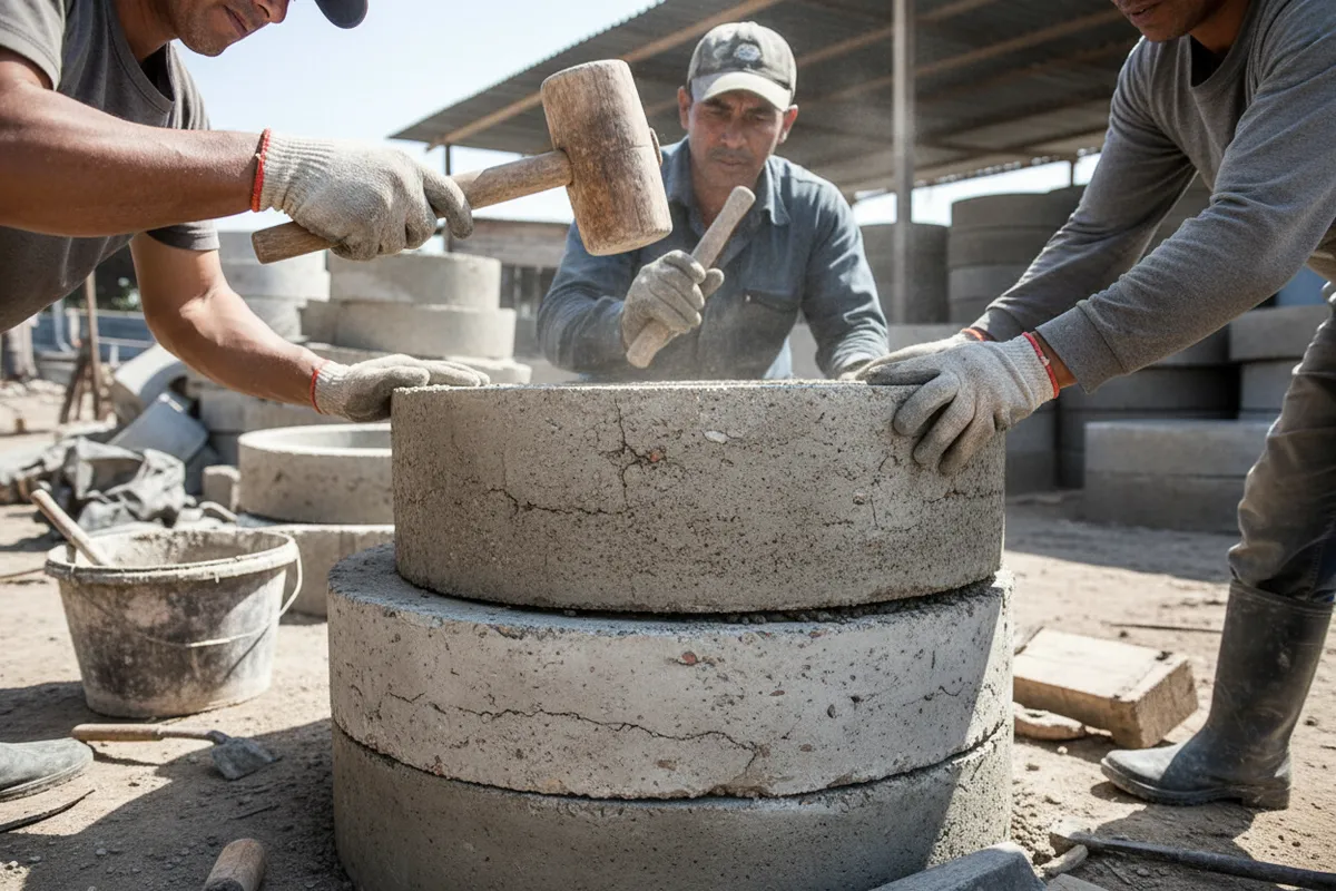 Close-up shot of a team of workers manually assembling concrete rings for an artisan water well.