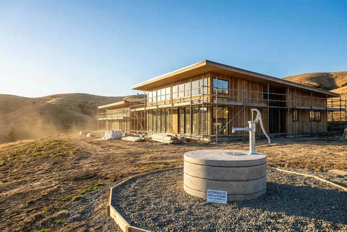 Modern country house under construction with a clean water well area featuring concrete rings