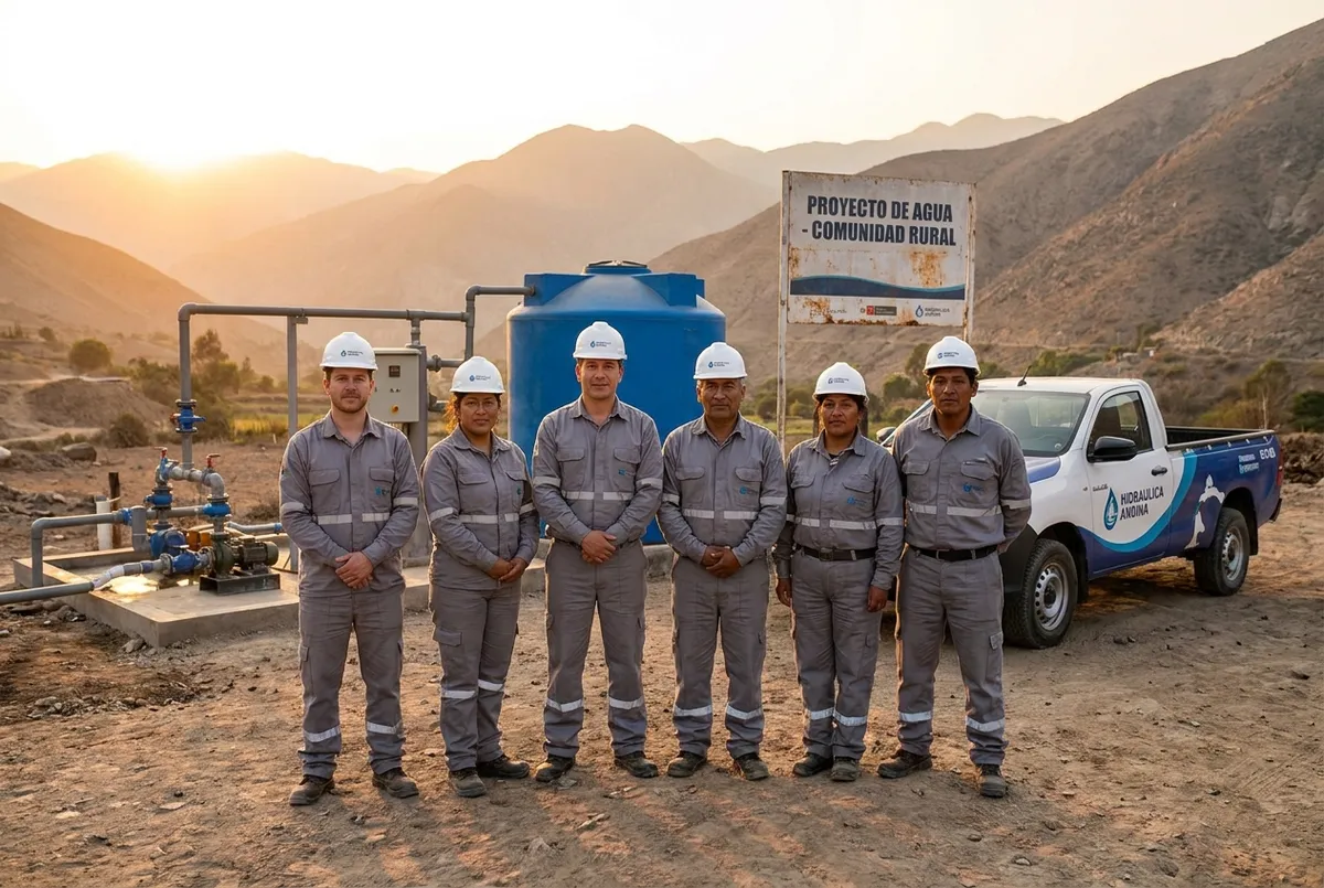 Portrait of a professional team of 6 hydraulic technicians in Peru posing in front of a water well project.